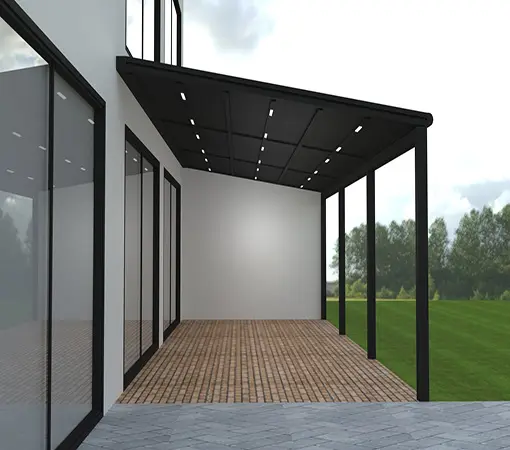 Pérgola de lona tensada inclinada.