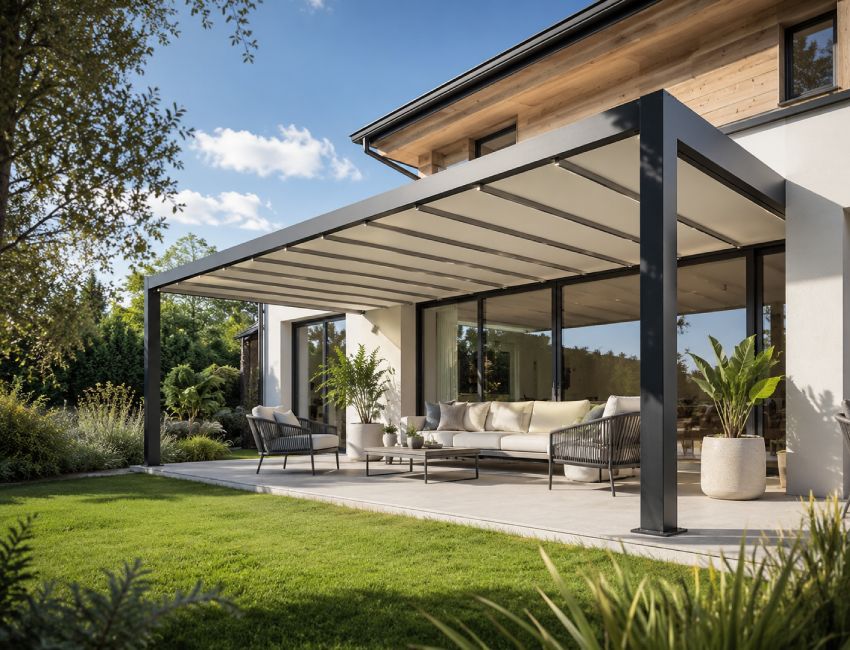 Cerramiento de terraza con pérgola de lona tensada